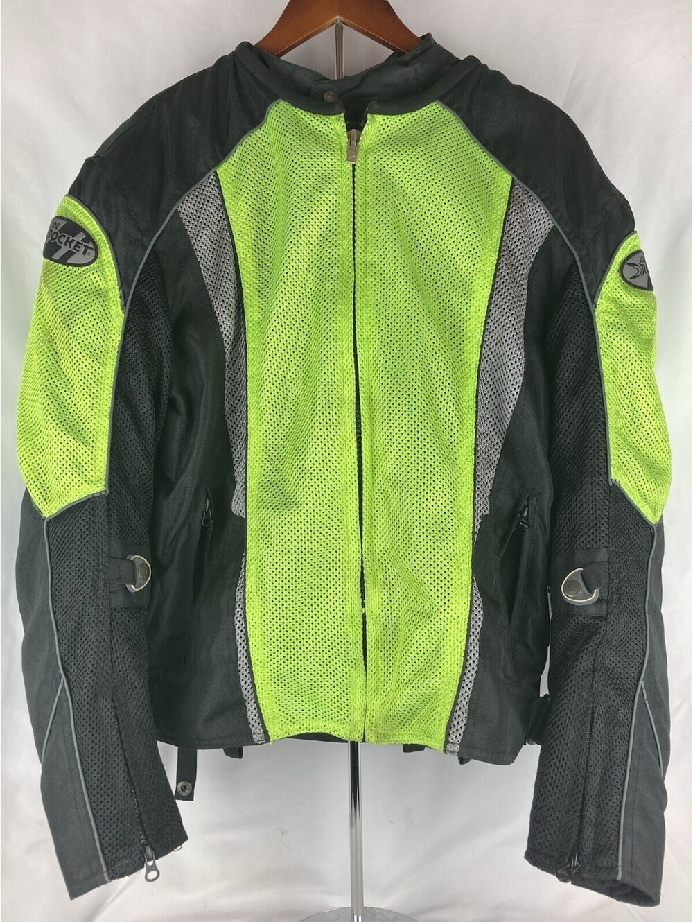 Men’s L Joe Rocket Mesh Motorcycle Jacket Neon Green Black Armor Padded Hi-Viz